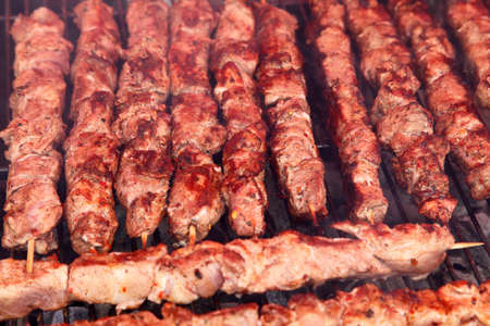 delicious crispy shashlik, slices of meat on skewers, picnicの写真素材