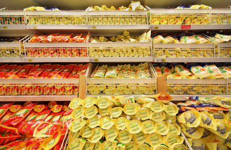 MOSCOW - FEBRUARY 6: Shelves with mayonnaise in store, on February 6, 2011 in Moscow, Russia. Cost of minimum food basket per month in Russia on average by end of August 2011 decreased by 2,4%.のeditorial素材