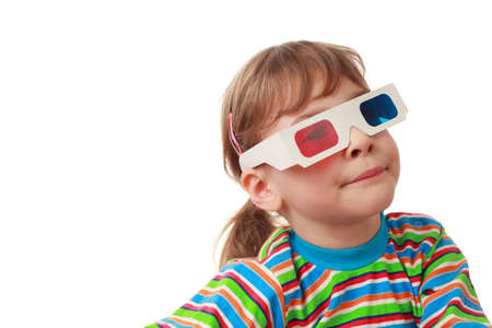 little beautiful girl in striped shirt and anaglyph glasses puts on airs, artificial smile