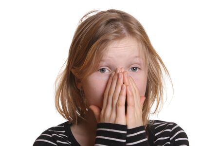 Frightened girl with white backgroundの写真素材