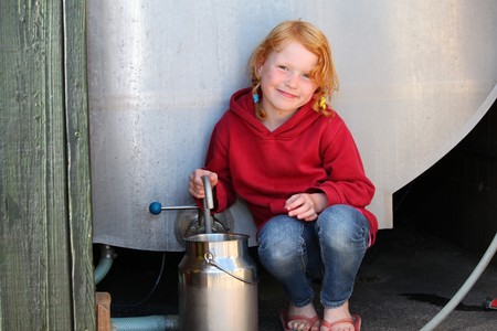 Girl fills milkcan from milk tankの写真素材