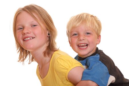 Two happy kids isolated on white backgroundの写真素材