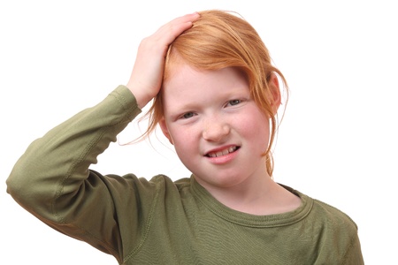Young girl with headache on white backgroundの写真素材