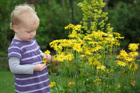 Portrait of a happy toddler in the gardenの写真素材
