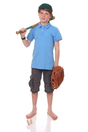 Portrait of a standing young baseball player on white backgroundの写真素材