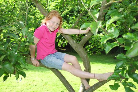 Smiling girl sitting in a treeの写真素材