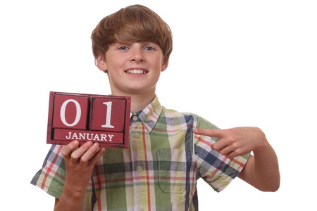 Young boy reminds of first of januaryの写真素材