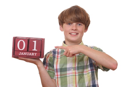 Young boy reminds of first of januaryの写真素材