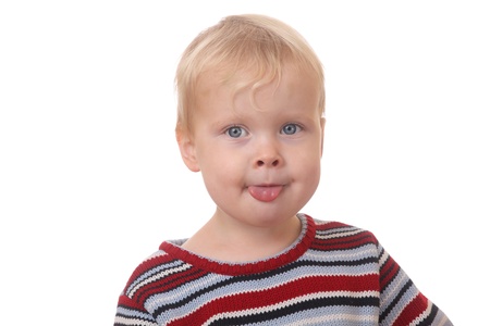 Portrait of a funny toddler on white backgroundの写真素材
