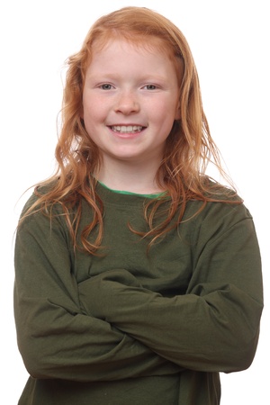 Portrait of a happy young girl on white backgroundの写真素材