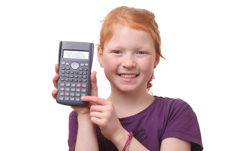 Portrait of a young girl student with calculator on white backgroundの写真素材