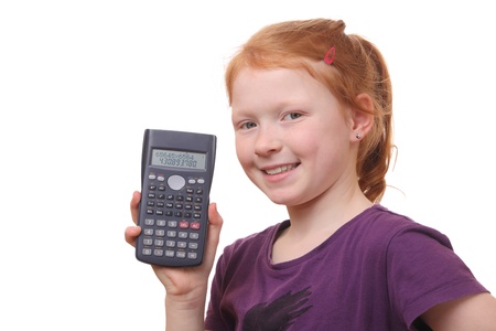 Portrait of a young girl student with calculator on white backgroundの写真素材