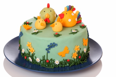 Sugar birthday cake with chicken, biddy and poultの写真素材