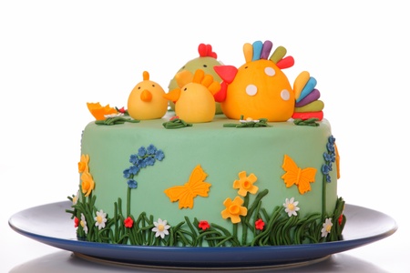 Sugar birthday cake with chicken, biddy and poultの写真素材