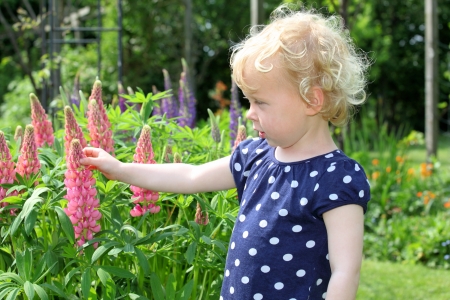 Happy girl in the garden with flowersの写真素材