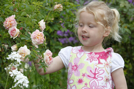 Adorable young girl enjoys some roses in the gardenの写真素材