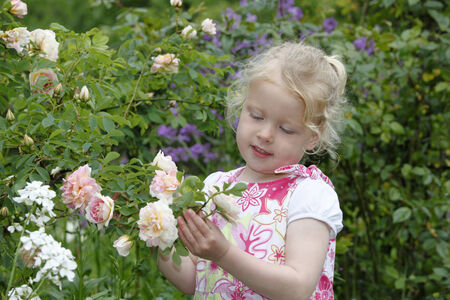 Adorable young girl enjoys some roses in the gardenの写真素材