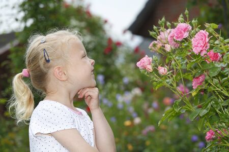 Adorable young girl enjoys some roses in the gardenの写真素材