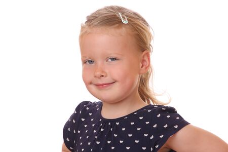 Portrait of a happy young girl on white backgroundの写真素材