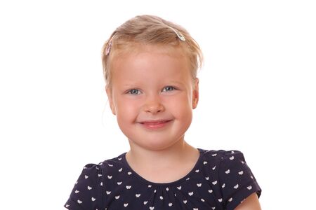 Portrait of a happy young girl on white backgroundの写真素材
