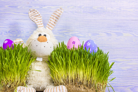 Toy little Easter bunny and Easter eggs on green grass. Easter concept. copy spaceの写真素材