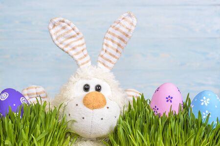Toy little Easter bunny and Easter eggs on green grass. Easter concept. copy spaceの写真素材