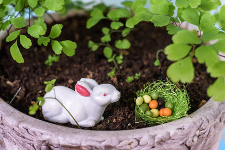 Easter greeting card with easter bunny, grass and eggs in nest concept macroの写真素材