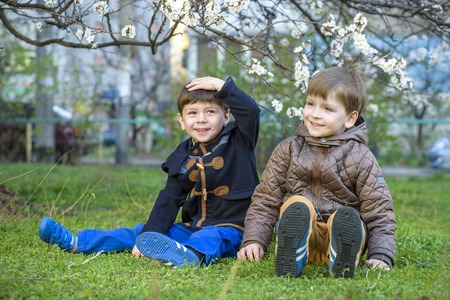 Happy little brothers kids in spring garden with blooming trees, outdoors.の写真素材