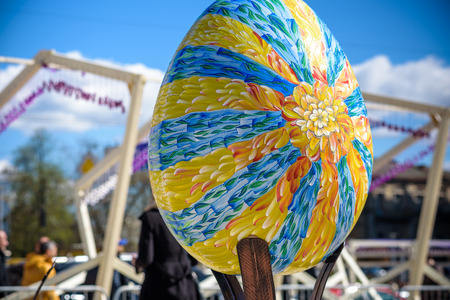 KYIV, UKRAINE APRIL 9, 2017: Yearly Easter exhibition held in center of city. Artists shows colored Easter eggs. Warm spring sunny day.のeditorial素材