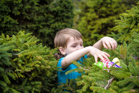 Little boy hunting for easter egg in spring garden on Easter day.の写真素材