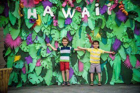 Two brother boys sibling kids pose on artificial jungle leaves with plate HAWAI. Dresses in colorful clothes shorts and t-shorts. Smiling and happy. Childhood vacation concept.の写真素材