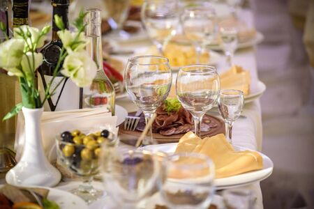 Banquet hall in the restaurant. Concept: Serving. Celebration Anniversary Weddingの写真素材