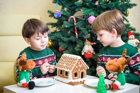Two sweet boys, brothers, making gingerbread cookies house, decorating at home in front of the Christmas tree, child playing and enjoying, Christmas concept.の写真素材
