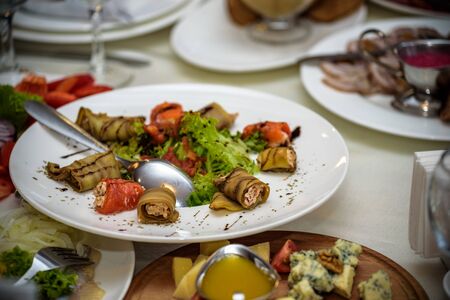 White ceramic plate full of slices of grilled eggplant decorated cucumbers and parsley lies on scratched dark concrete.の写真素材