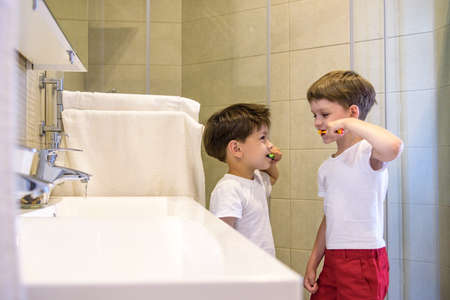 Two brothers brush my teeth in the bathroom.The beginning of a new day.の写真素材