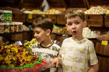 Odessa, Ukraine - July 05, 2021: Little cute kid boy near sweet stand with candy canes. Happy child with his sibling brother. Children s dreams concept.のeditorial素材