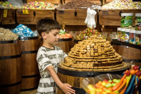 Odessa, Ukraine - July 05, 2021: Little cute kid boy near sweet stand with candy canes. Happy child...
