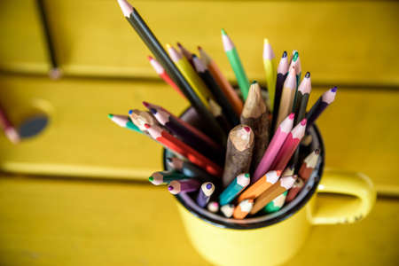Office desk table with colorful pencils. Top view with copy space.の写真素材