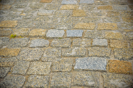 Cobblestone street texture. Regular shapes of cobblestone road, abstract background of old cobblestone pavement close-up.の写真素材