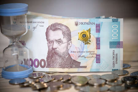 Background 1000 hryvnias. Money texture. Many Ukrainian hryvnias. Ukrainian banknote with Volodymyr Vernadsky.の写真素材