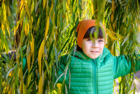 A boy is playing in the branches of a weeping willow. The coming of spring and the rebirth of life. Lush green foliageの写真素材