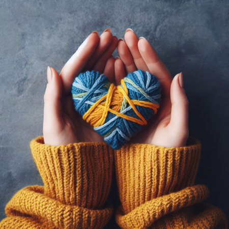 Crochet with your own hands. Knitting threads in pink and gray. Knitted scarf. Female hands hold a crochet hook and knit.DIY. Winter activities during quarantine. Knitted heart. Day of love. Love heart.の素材