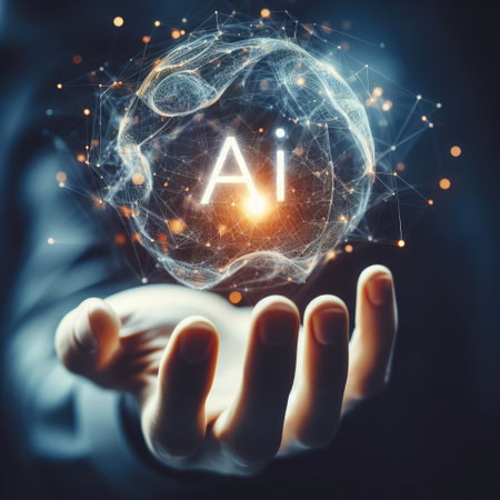 Man's hand holding an AI chat technology sign, symbolizing modern communication with chatbots, virtual assistants, and customer service.の素材