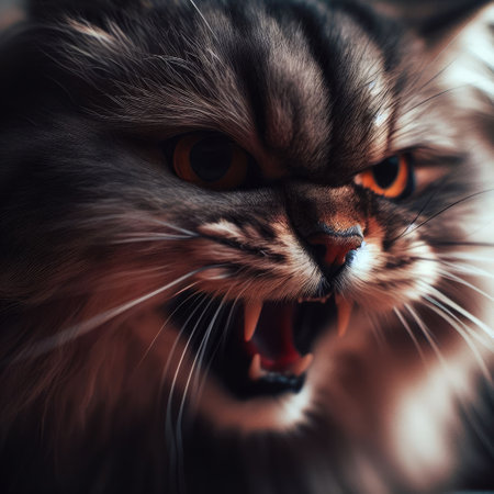 Angry cat closeup. The cat growls.の素材