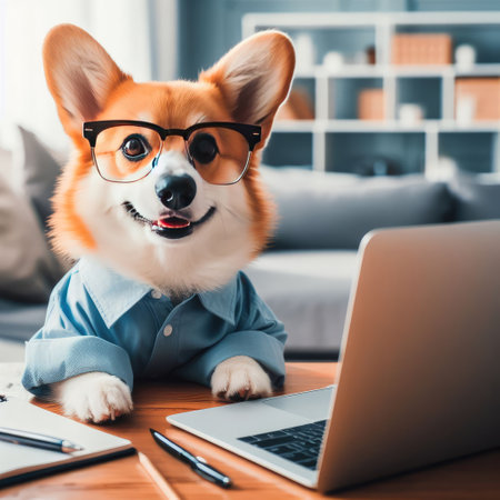 Cute corgi dog looking into computer laptop working in glasses and shirt.の素材