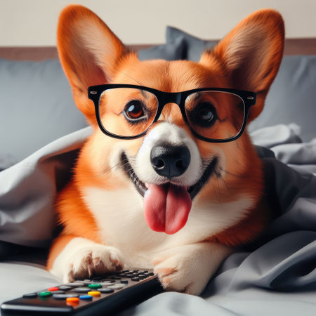 Funny corgi dog in glasses laying in bed, yawning, smiling, watching tv, feeling bored and relaxed in a day off.の素材