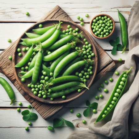 Fresh green peas in bowl with pods and leaves on white wooden table, healthy green vegetable or legume.の素材