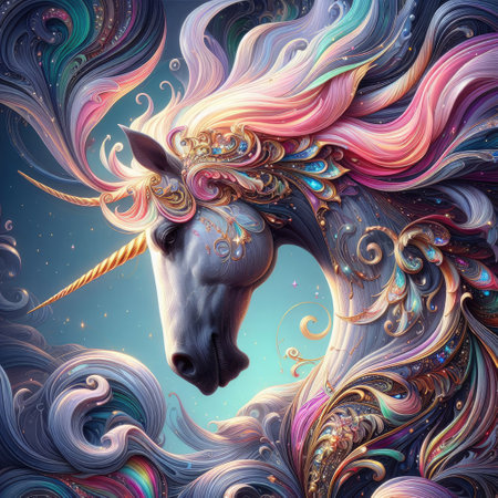 Unicorn head with colorful iridescent mane. Fantasy illustration.の素材