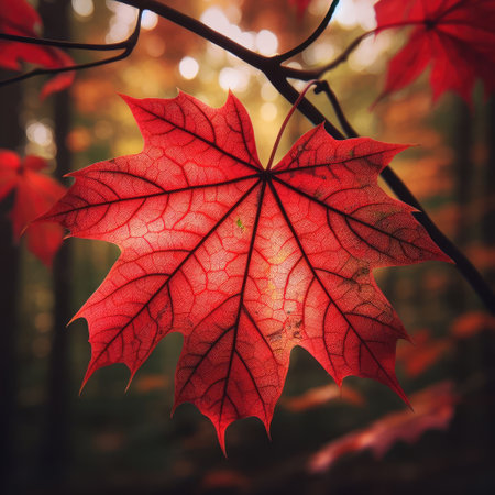 A close-up of a red maple leaf with veins and spots, detaching from a branch with other green and yellow leaves, against a blurred background of a forest in autumn, nature photography.の素材