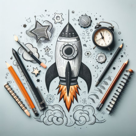 Back To School - Rocket With Colorful Pencils And Blackboard - Startup Concept.の素材